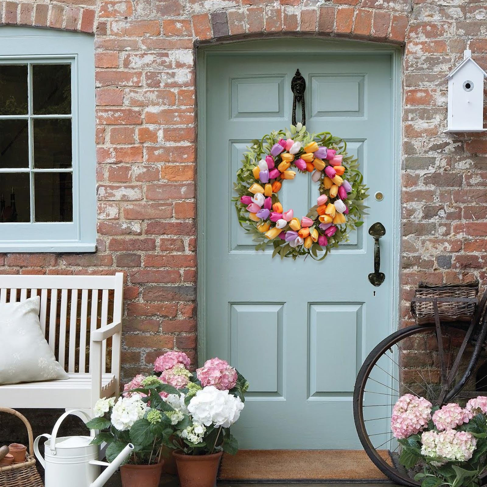 20 Inch Spring Tulip Wreath Artificial Colorful Flower Leaves Front Door