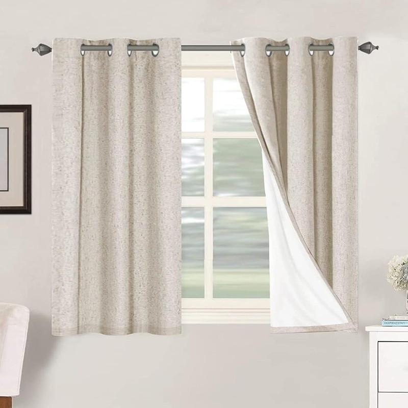 Blackout Linen Curtain Panels Energy Saving Noise Reduction Room Divider Decor