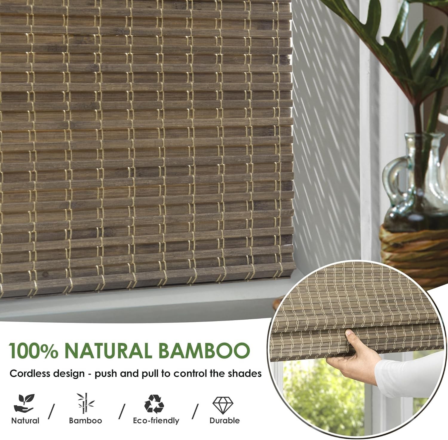 New LazBlinds Cordless Bamboo Roman Shades 26.5” W x 48”Room Darken Fast Ship
