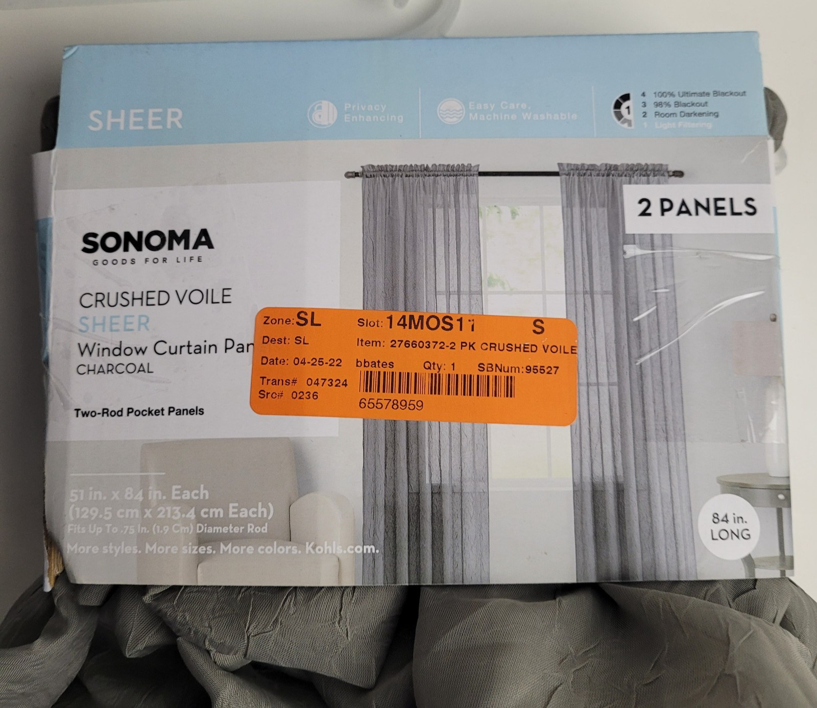 NEW Sonoma Crushed voile sheer window curtain 2 panels 51x84inch Charcoal Color