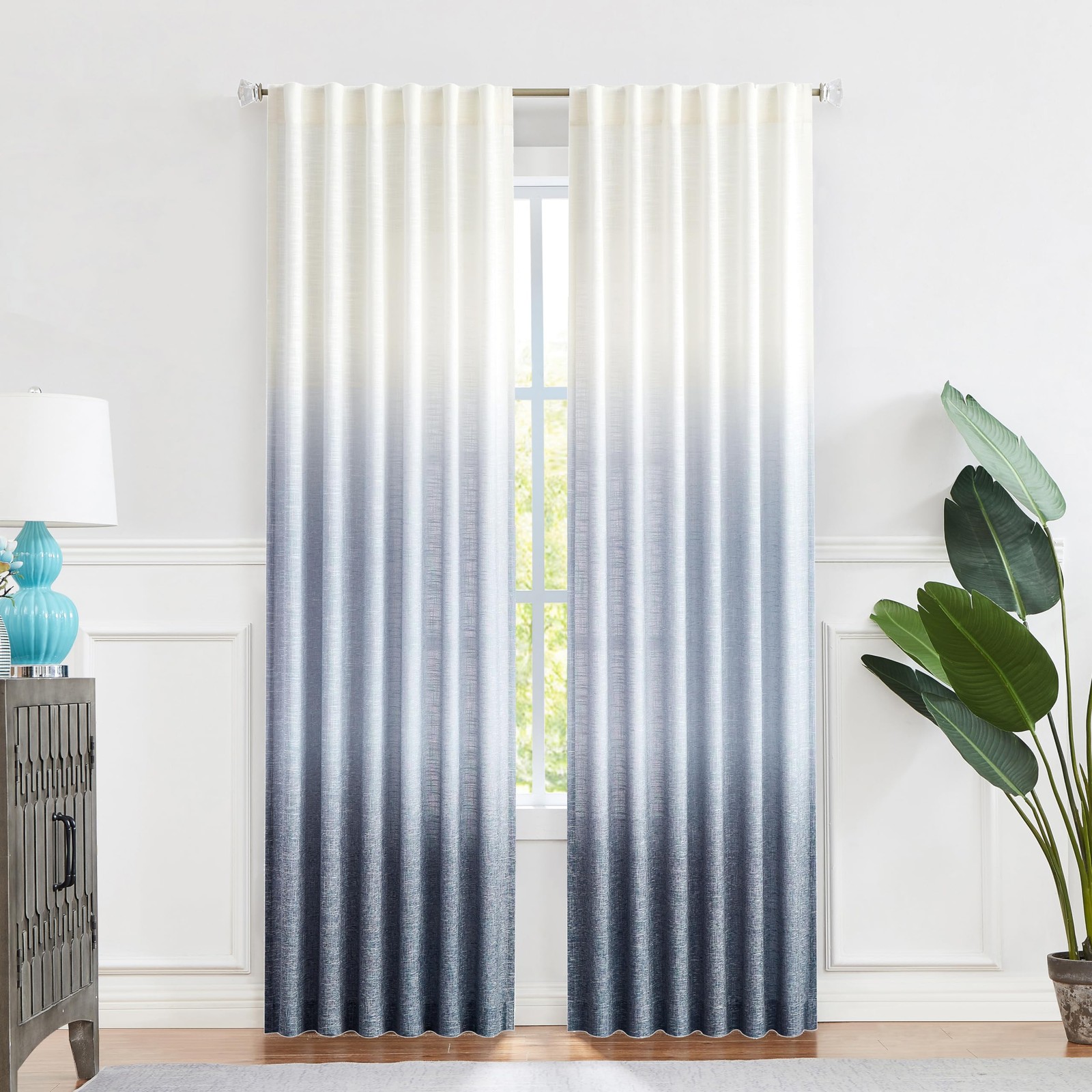 Ombre Window Curtain Panel Linen Gradient Print on Rayon Blend Fabric Backtab…