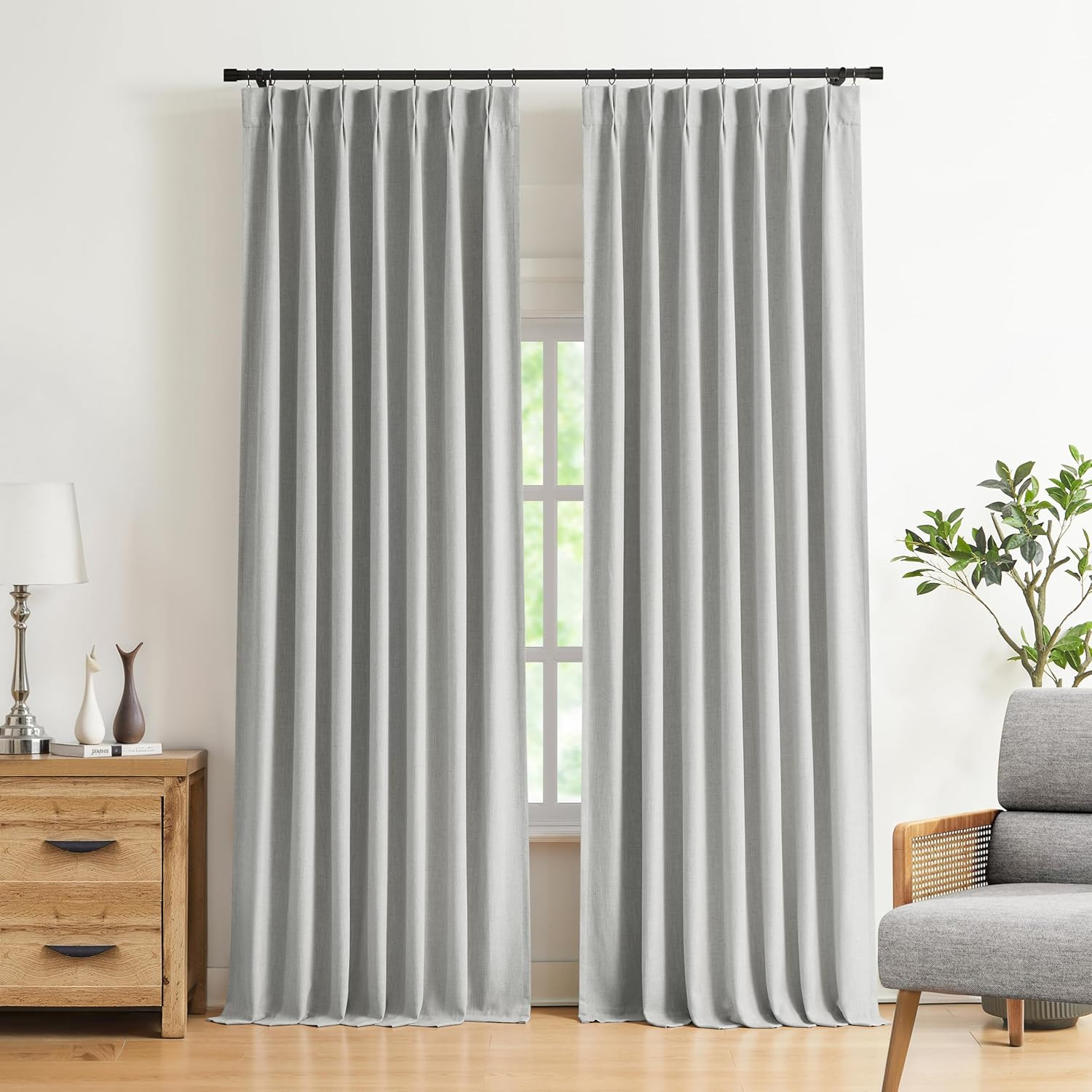 Light Gray Pinch Pleated Full Blackout Curtains Linen Blended Room Darkening Cur