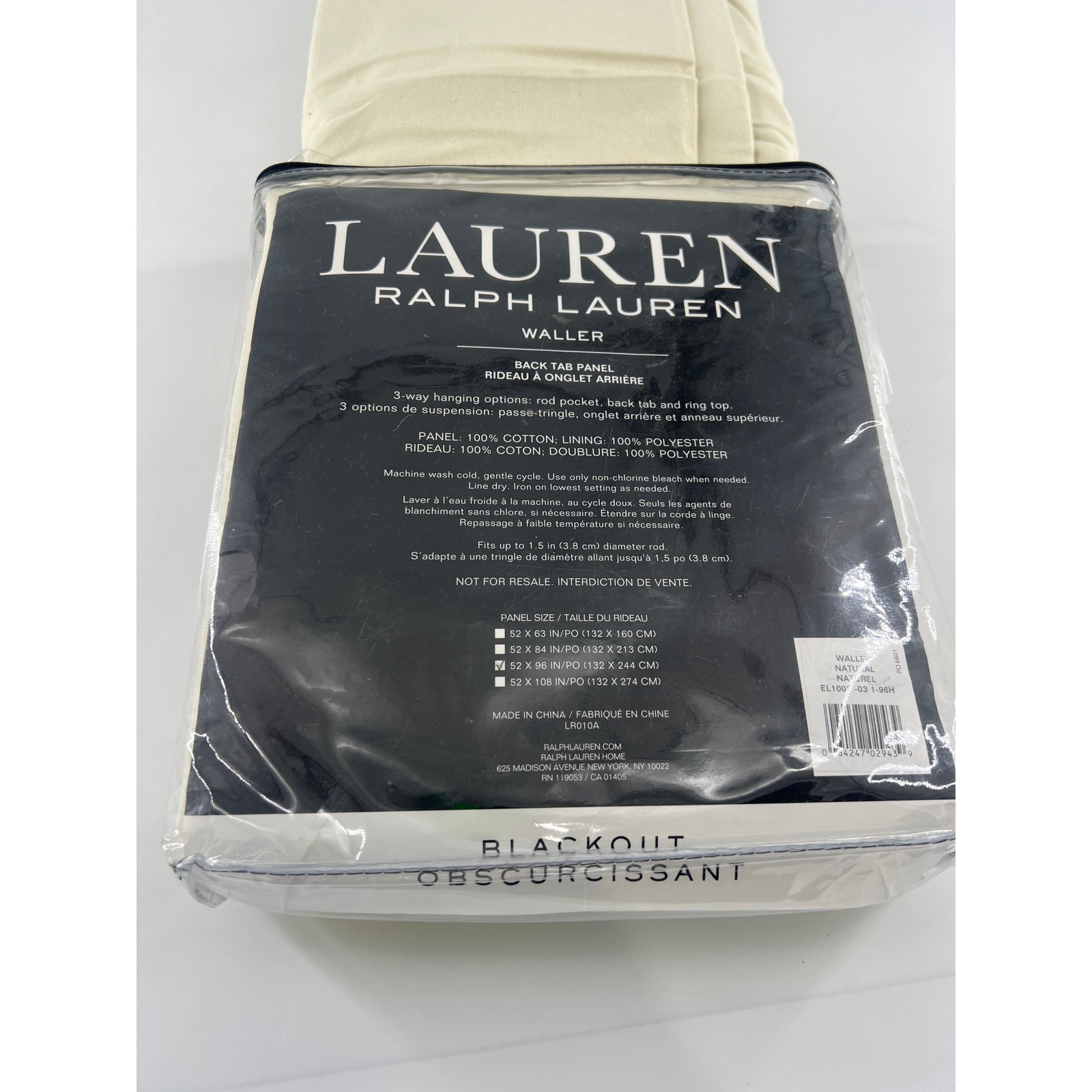 Ralph Lauren Waller Back Tab Panel Blackout Curtain 52 x 96 Natural Tan New