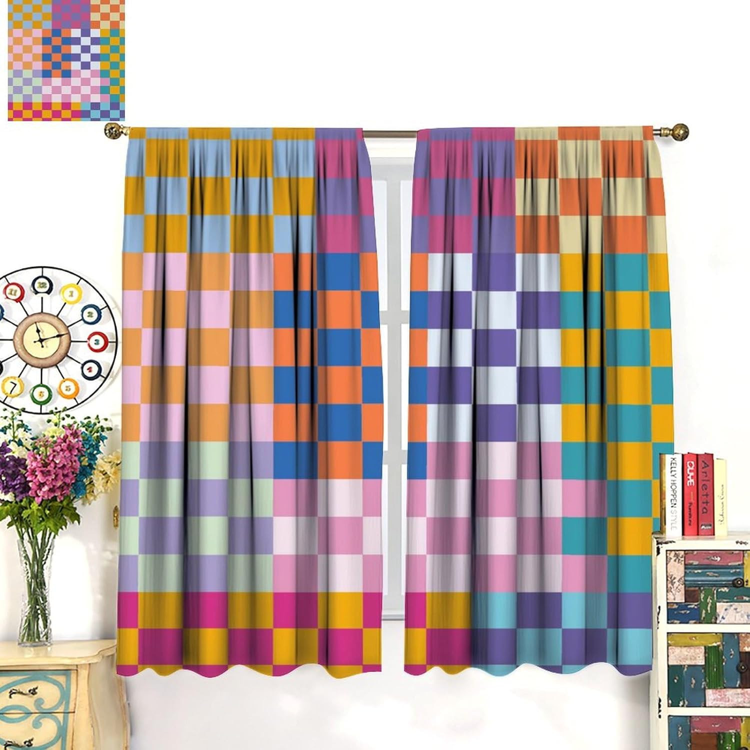 Colorful Curtains, Abstract Modern Rainbow Retro Groovy Curtain 1970S Checkered