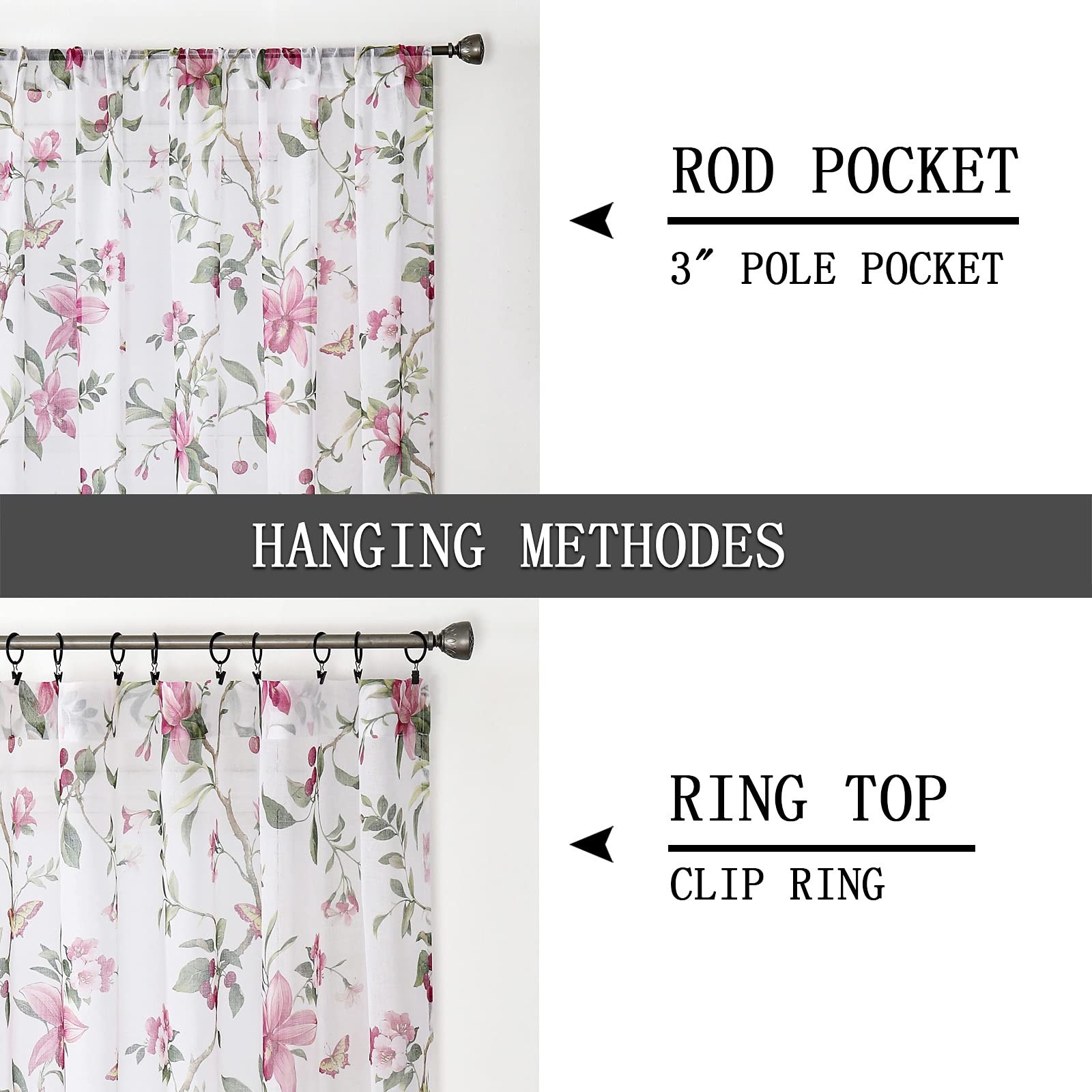 Tollpiz Floral Sheer Tier Curtain Pink Cherry Flower Butterfly Print Half Cur…