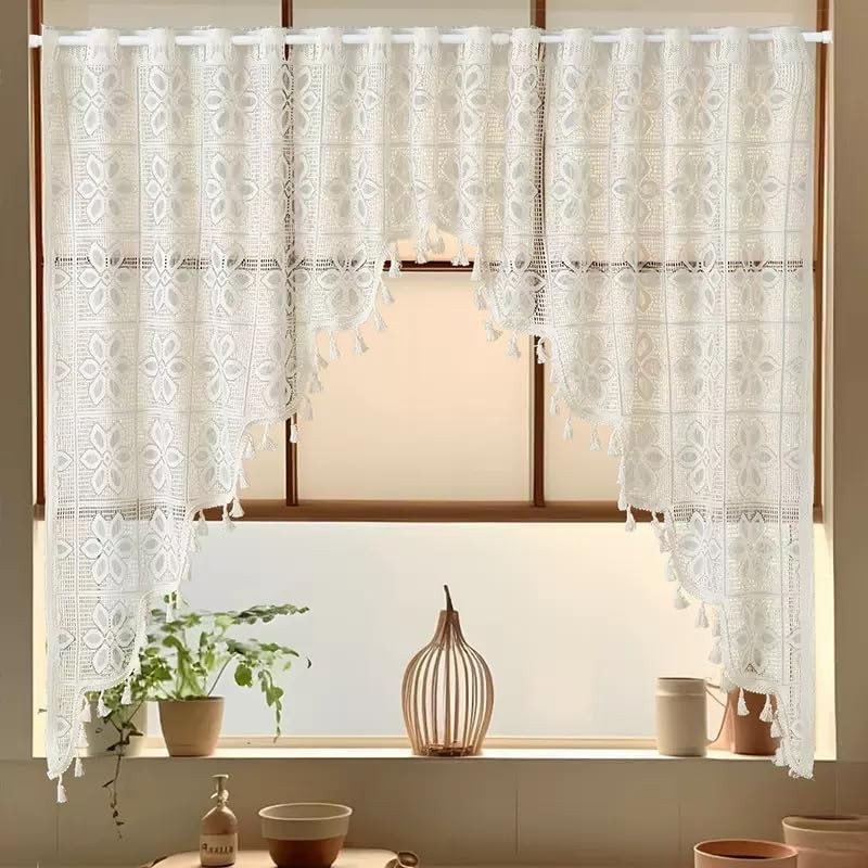 Boho Crochet Swag Curtain Valance with Tassels, Lace Floral Embroidered Semi …