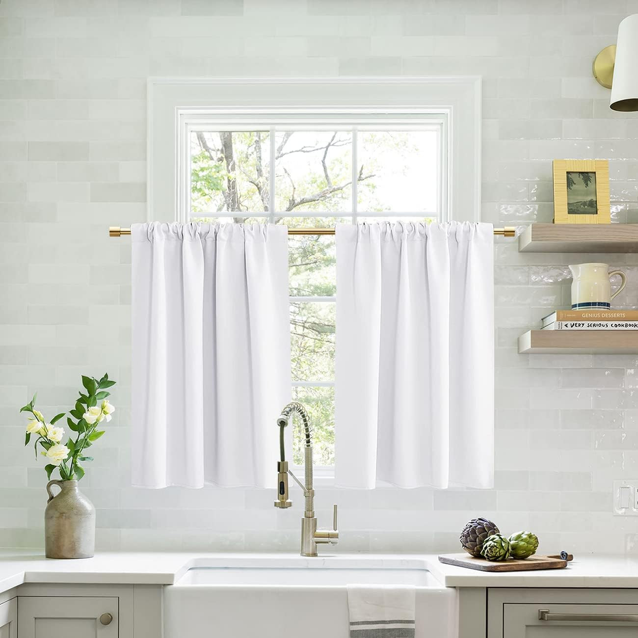 White Short Tier Curtains 24 Inch Length for Laundry Room,Cafe Cabinet Curtains