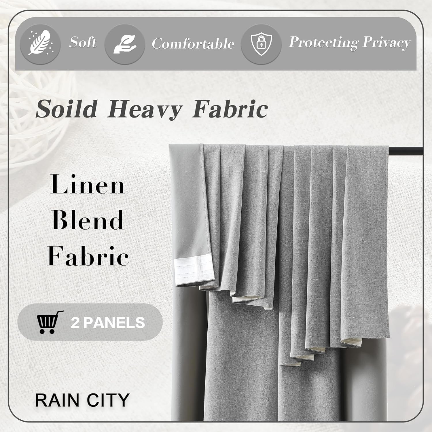 144″ Long Blackout Curtains – Grey Back Tab Drapes, Noise Reducing 2 Panels