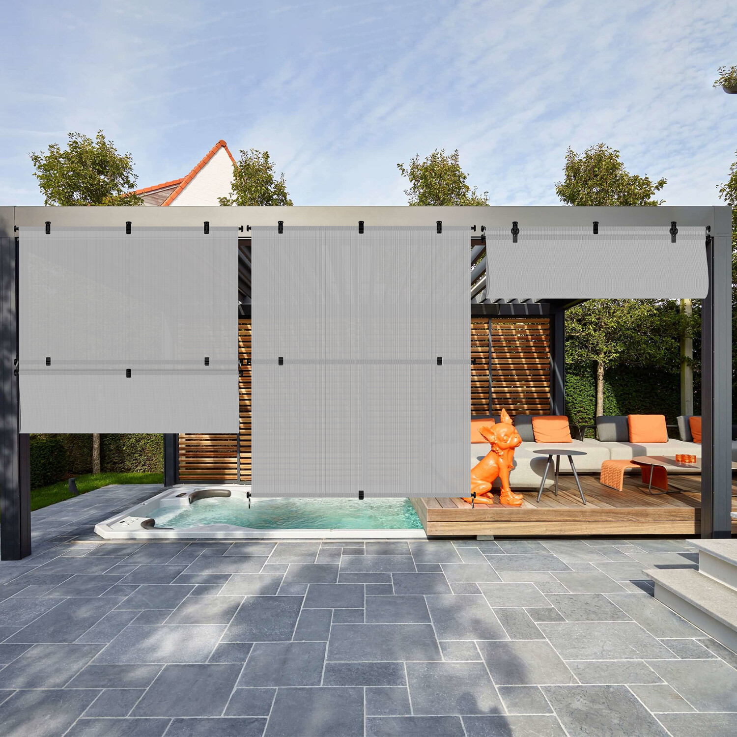 Outdoor Gray Roll up Shade Foldable Curtain For Patio Porch Pergola Balcony