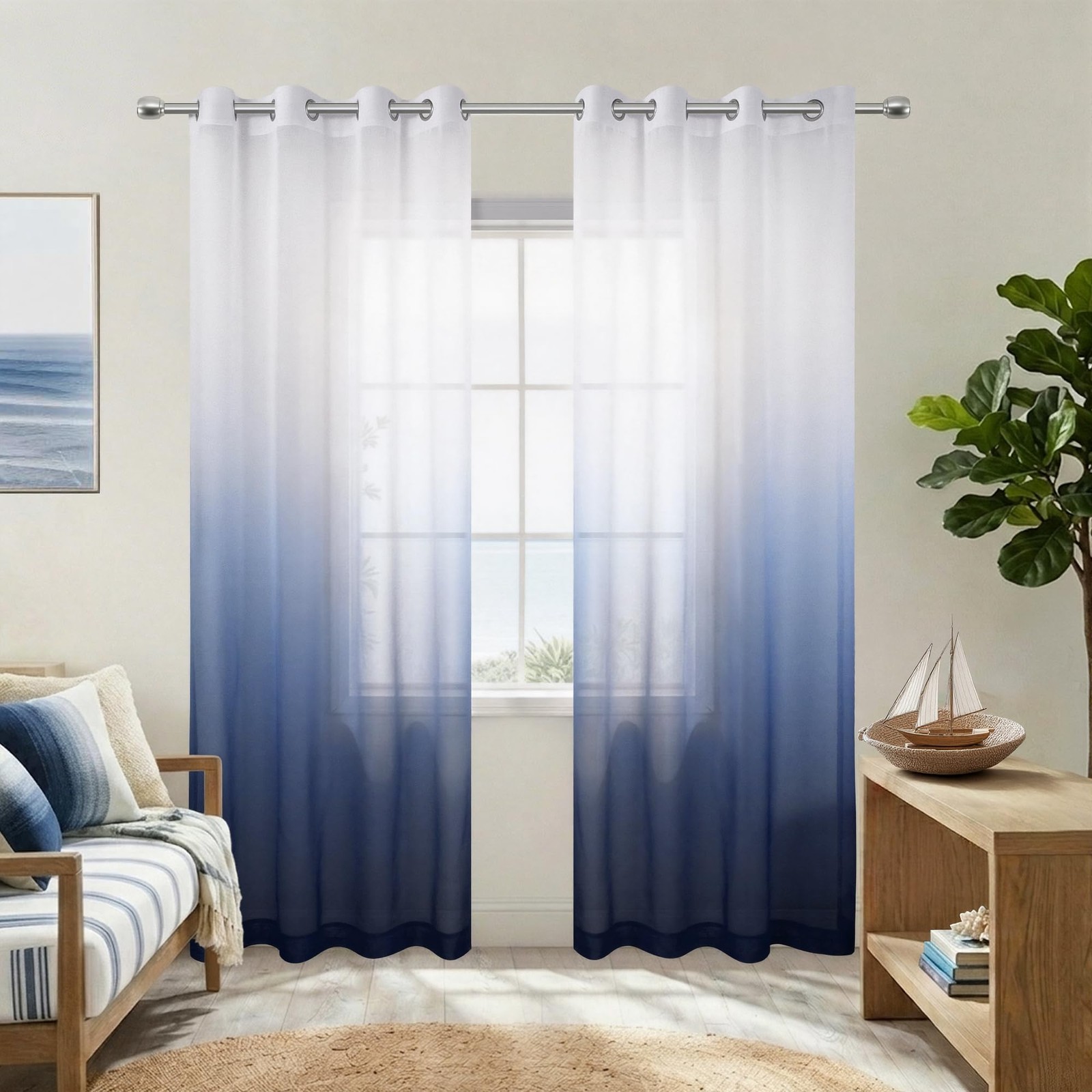 Navy Blue Sheer Curtains 84 Inch Length 2 Panels Set, Print Nautical Ombre Wh…