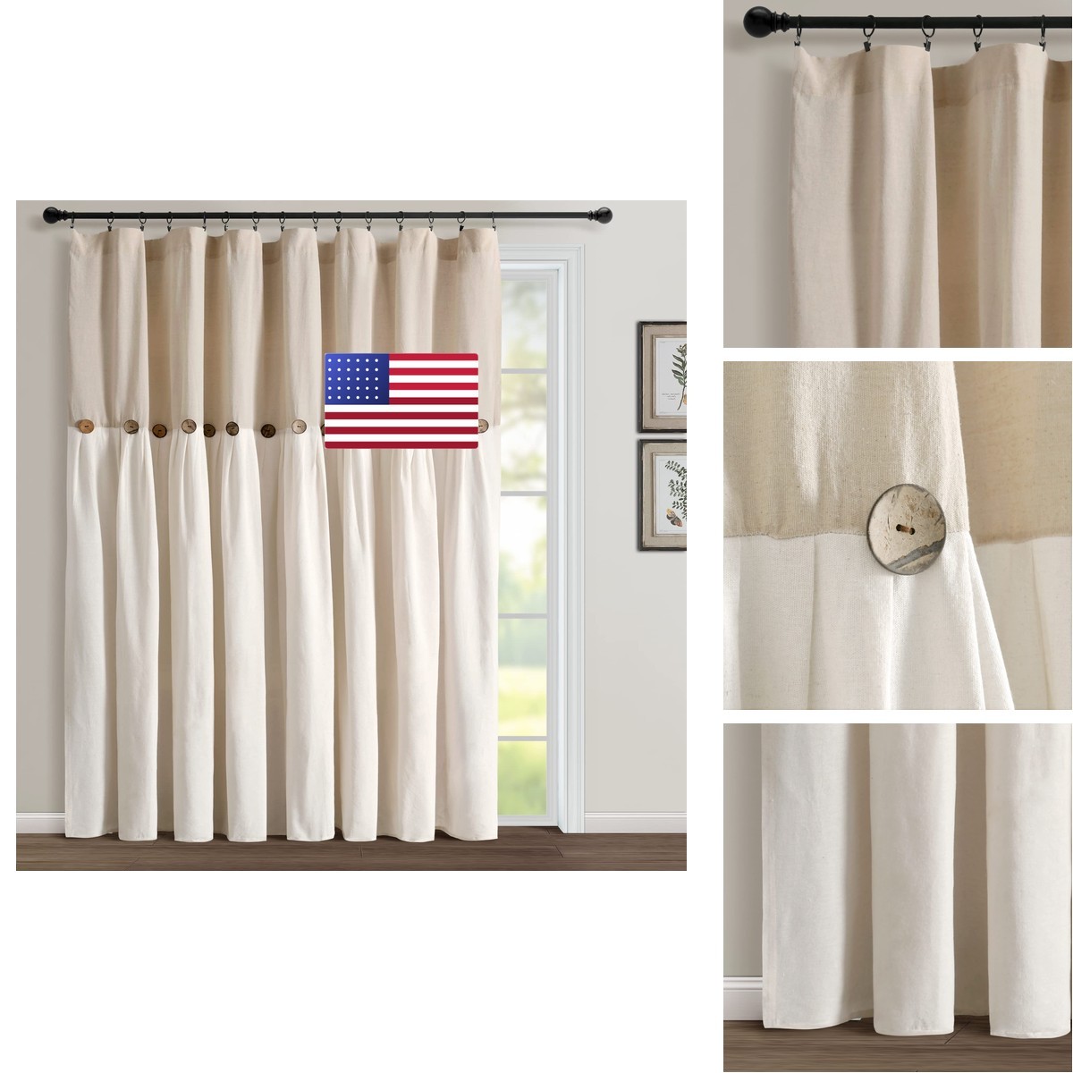 Lush Decor Linen Button Window Curtain Panel 100″ W x 84″ L Extra Wide