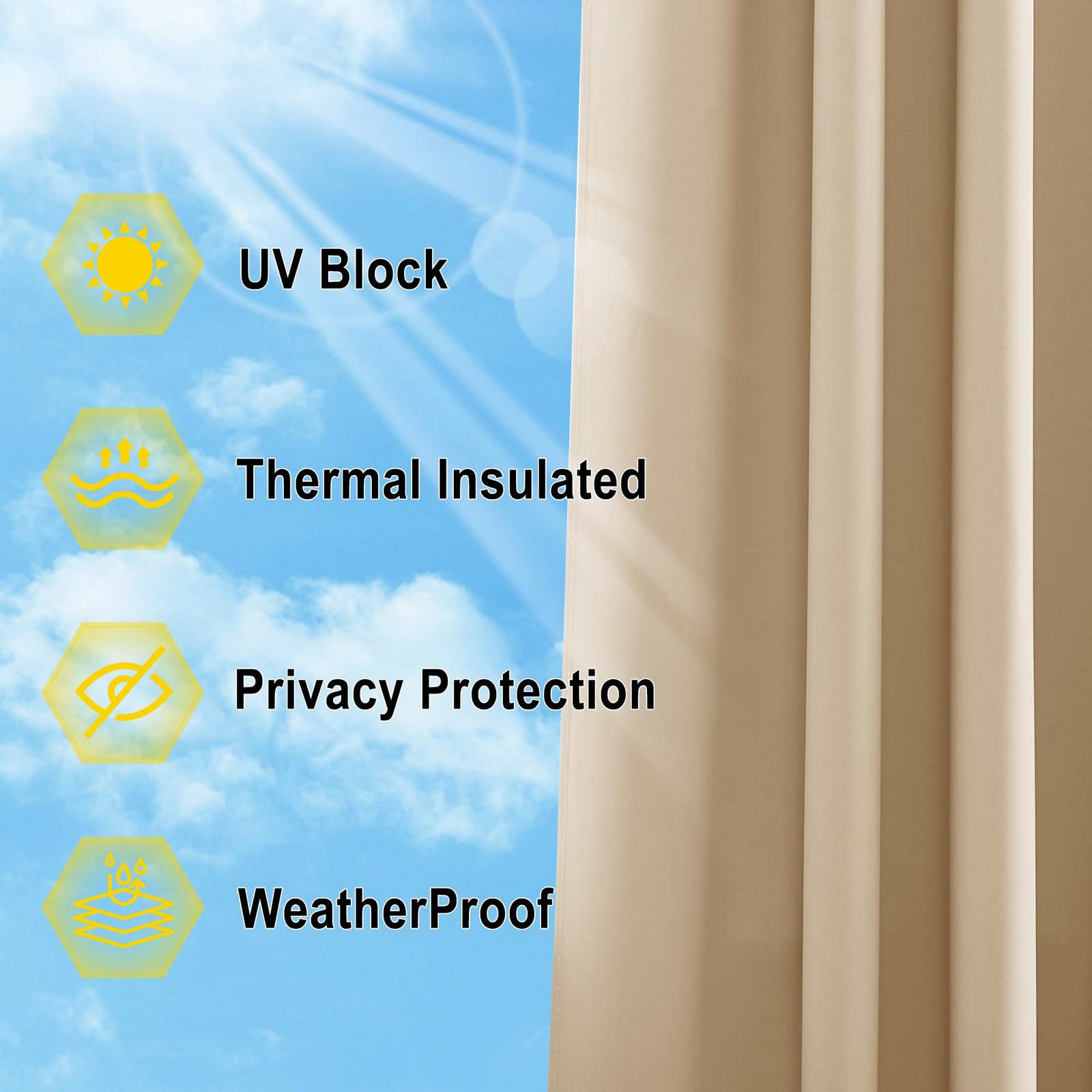 Outdoor Curtains for Patio Waterproof 95″ L, Blackout Gazebo Curtain for
