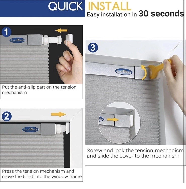 LazBlinds Cordless Cellular Shades 33 1/2” W x 64” H, Silver White