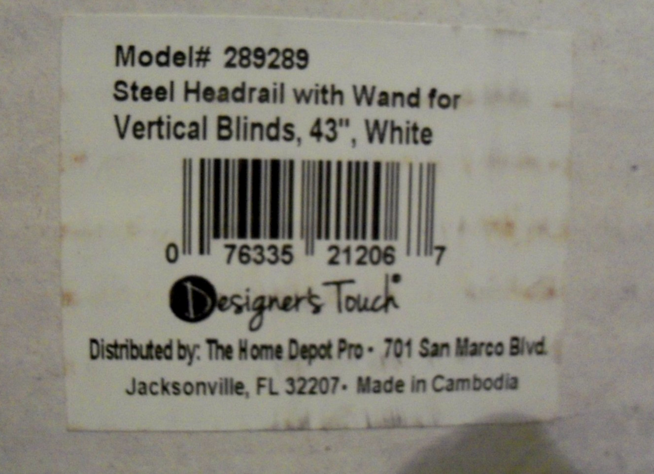 DESIGNER’S TOUCH 289289 VERTICAL BLIND STEEL HEADRAIL WITH WAND, WHITE, 43″ NEW