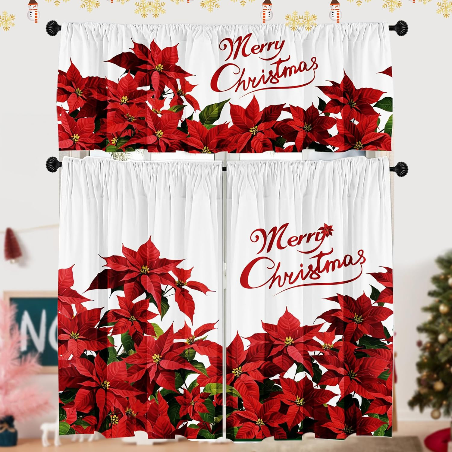 Christmas Poinsettia Curtain Valances Set Upper Curtain 52” Lx18” W & Lower 36