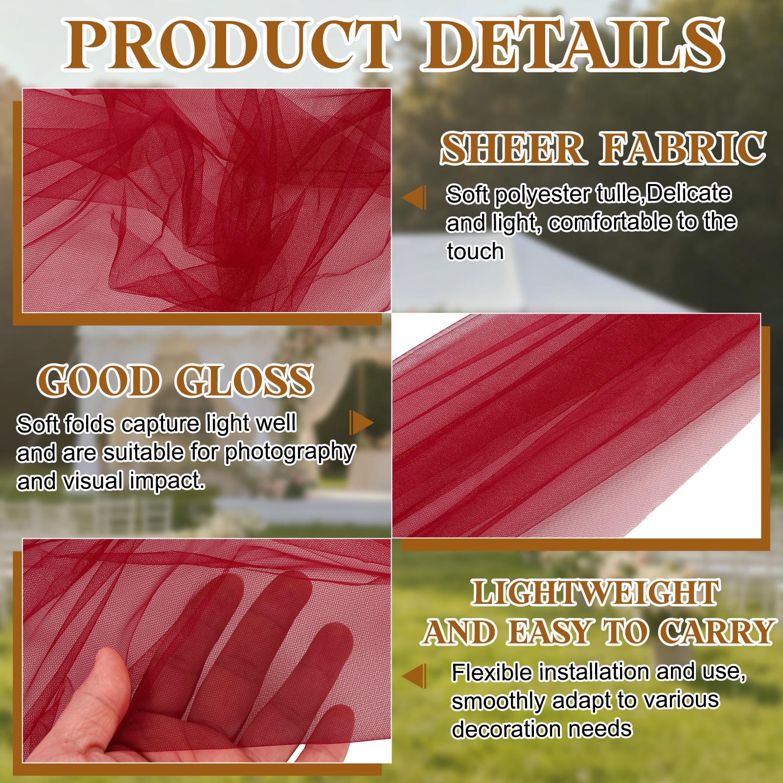 Wedding Arch Draping Fabric, 32” x 33Ft Sheer Drapes Chiffon Fabric, Dark Red