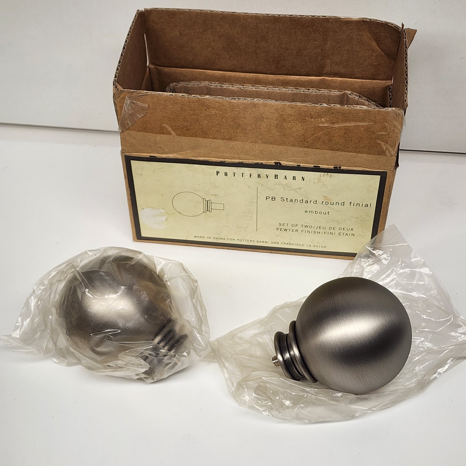 POTTERY BARN 2 Large Ball Finials 1.25” Diameter Pewter NEW OPEN BOX PB