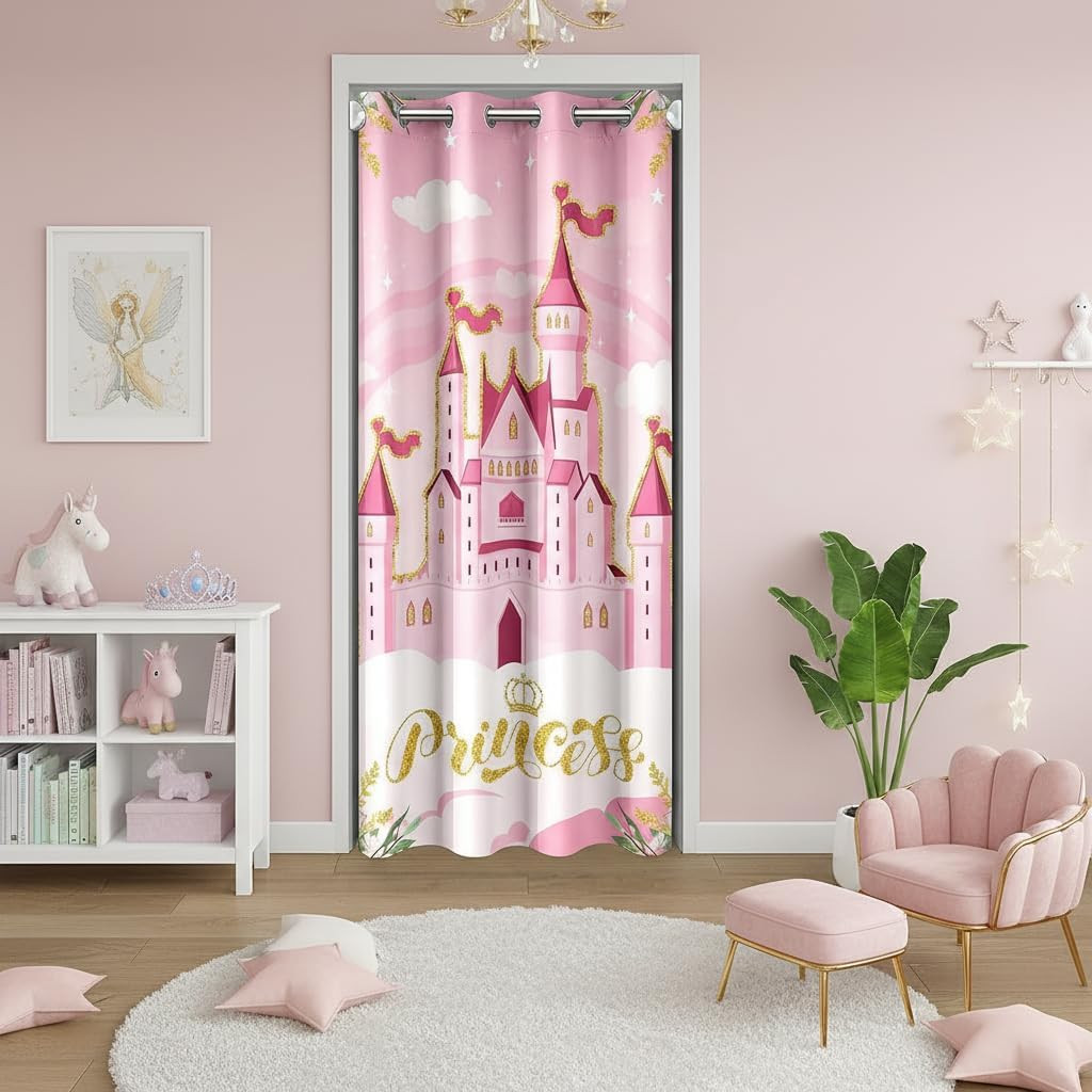 Door Curtains for Girls,Pink Castle Dreamy Closet Door Curtains Kids Bedroom Dec