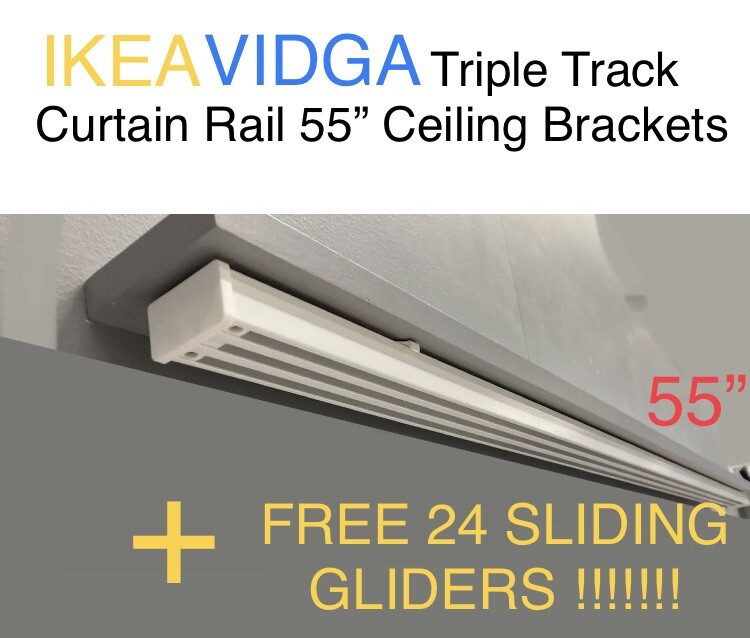 IKEA VIDGA Triple Track Curtain Rail 55” Ceiling Brackets + Vidga Sliding Glider