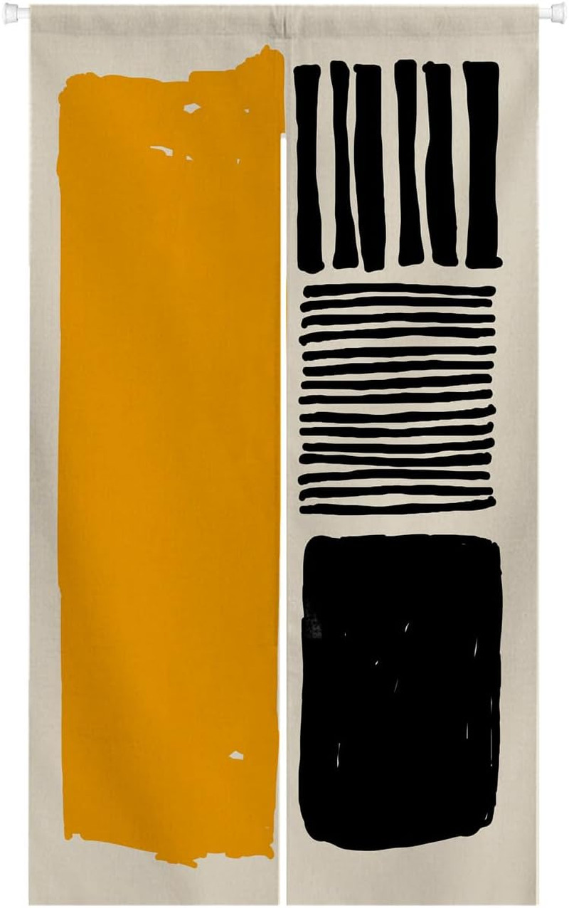 Abstract Line Noren Curtain 33.5″ W X 59″ L, Yellow Black Color Block Minimalist