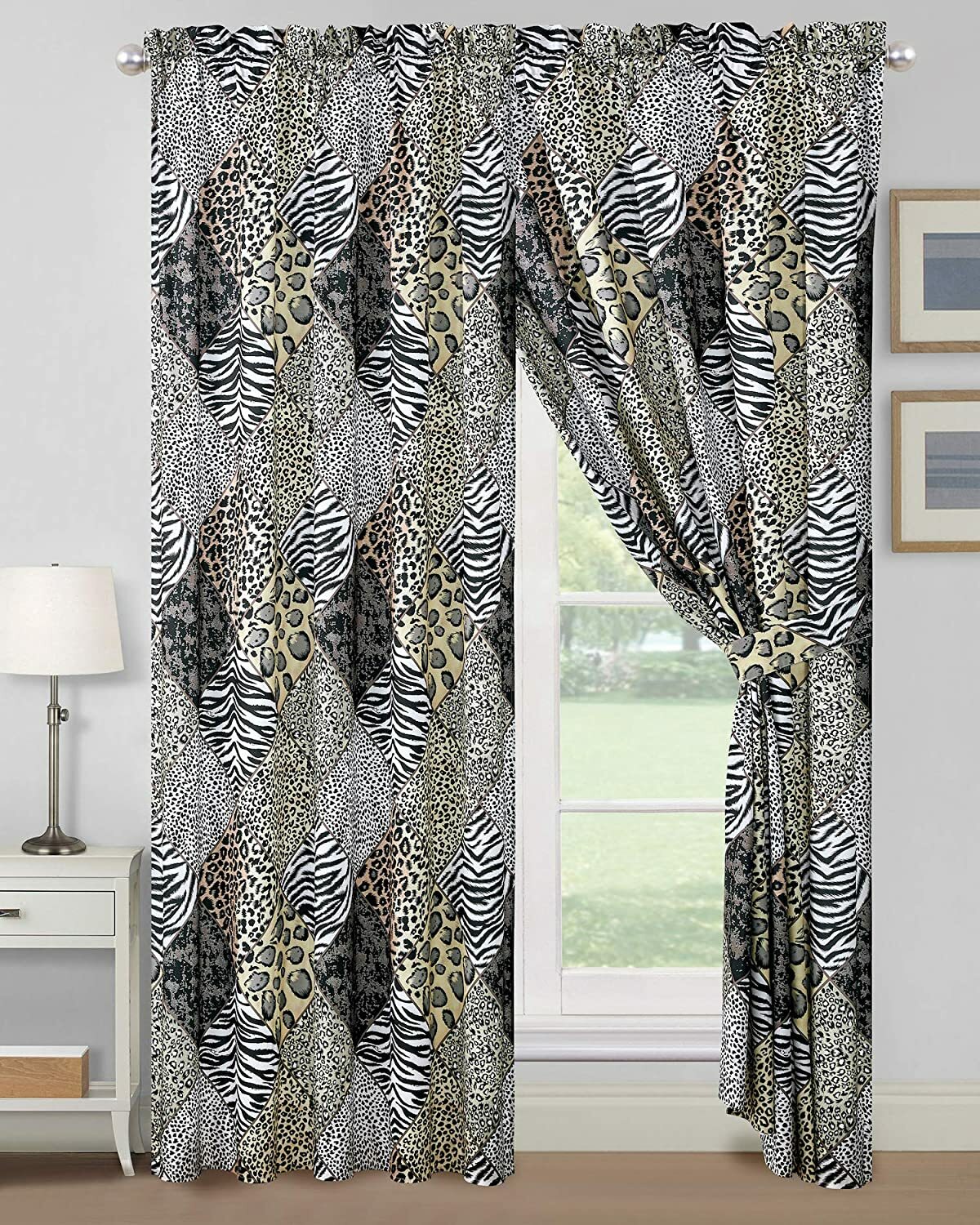 4 pc Gray Patchwork Jungle Safari Animal Window Curtains Panels Drapes 84 inch L