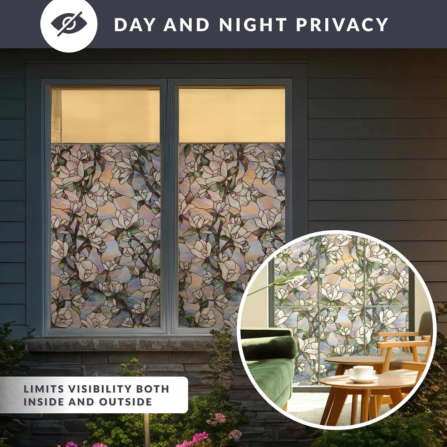 Star Magnolia Privacy Window Film W/ Vibrant Colored Pattern Non-Adhesive & UV