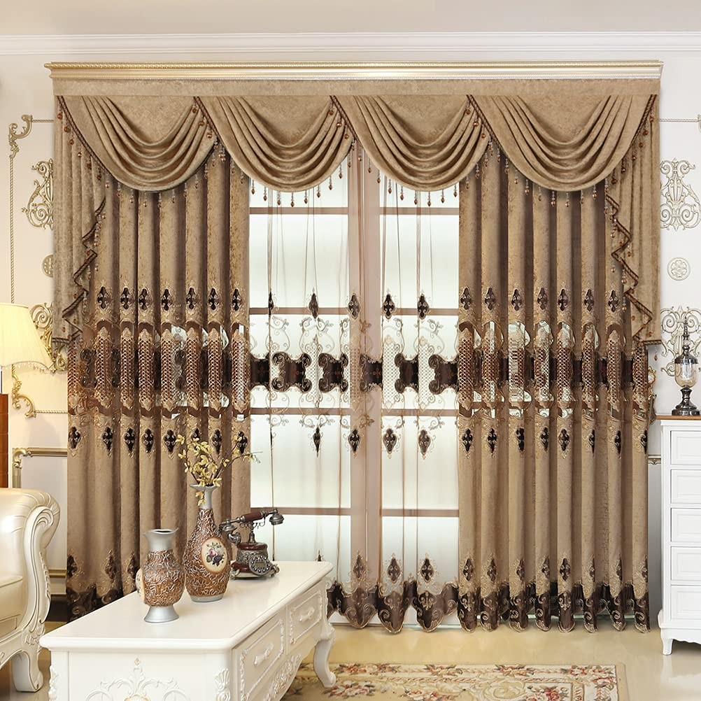 Elkca Luxury Embroidered Sheer Curtains For Living Room Chocolate Tulle