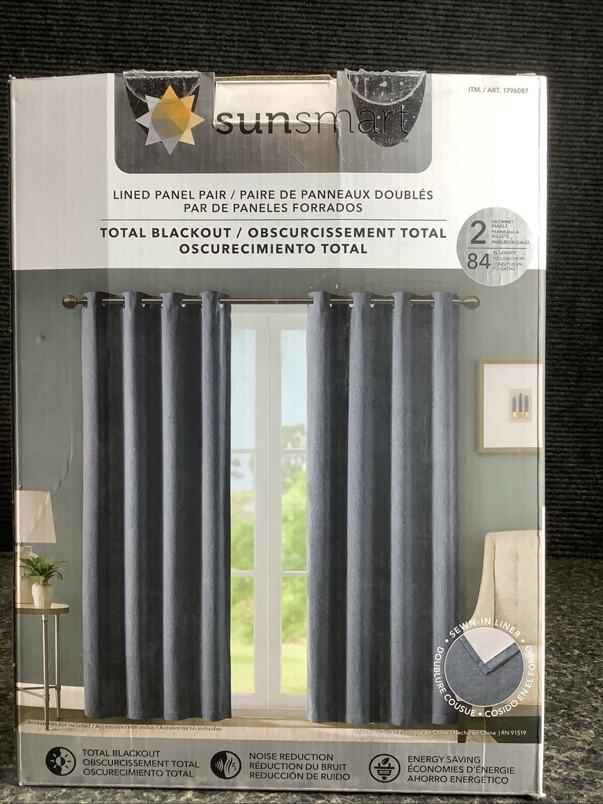 SunSmart Total Blackout Curtain Panels – 2-Pack – Indigo Blue 54×84