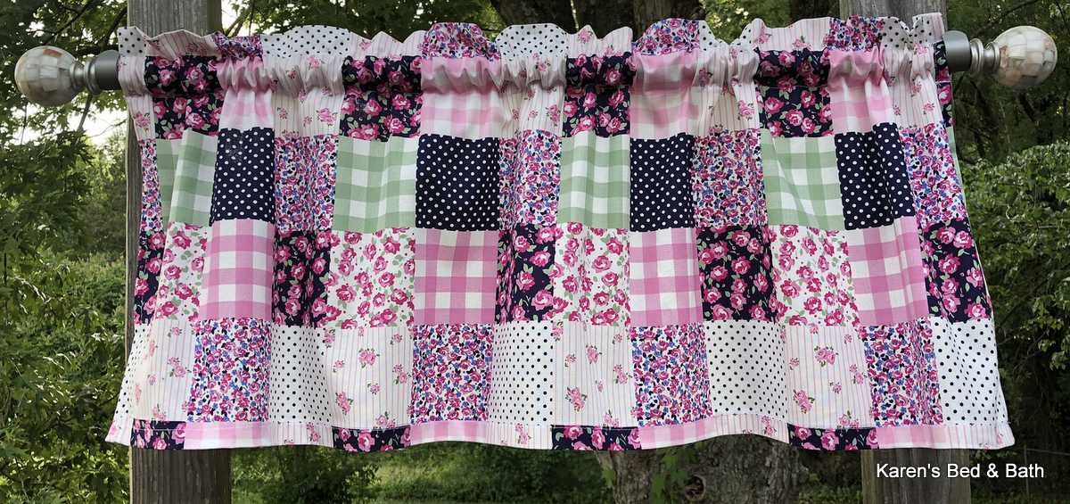 Patchwork Rose Valance – Pink Navy Gingham Floral Print – Shabby Chic Cottage