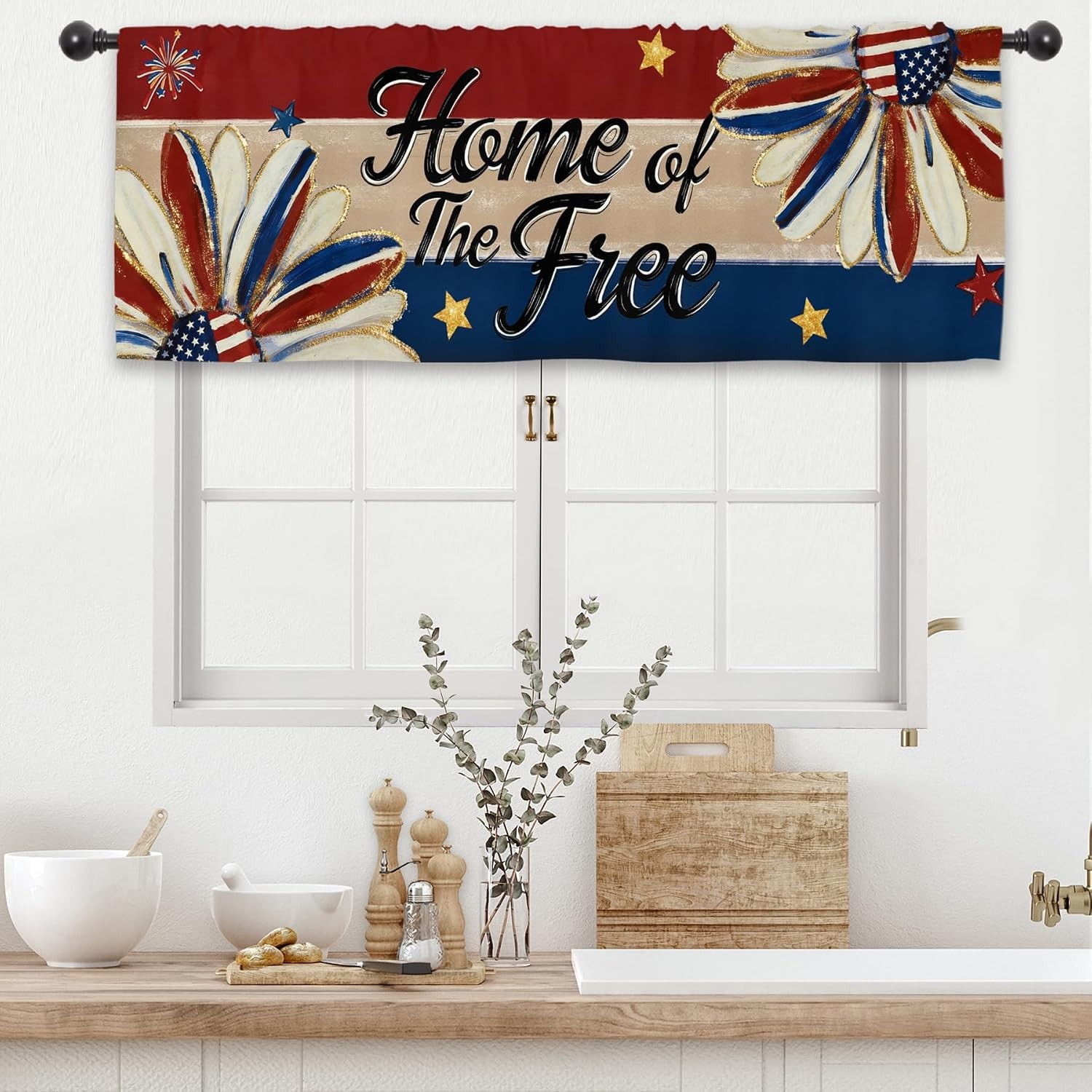 Independence Patriotic Kitchen Curtain Valance 54W x 18L Inch Blue Red 4th of Ju