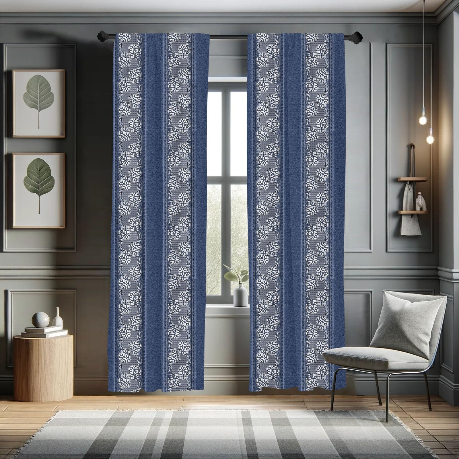 Floral Curtains, Jeans Background Plain Flower Motifs Pattern Denim Themed Di…