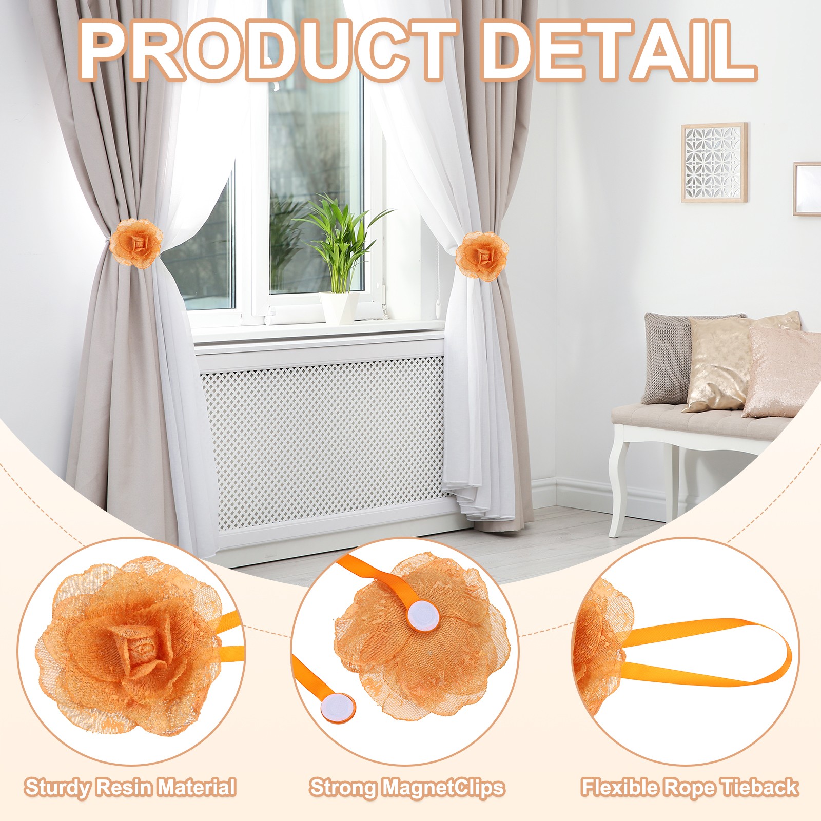 1 Pair Flower Magnetic Curtain Tie Backs Tiebacks Drapery Holdbacks Orange