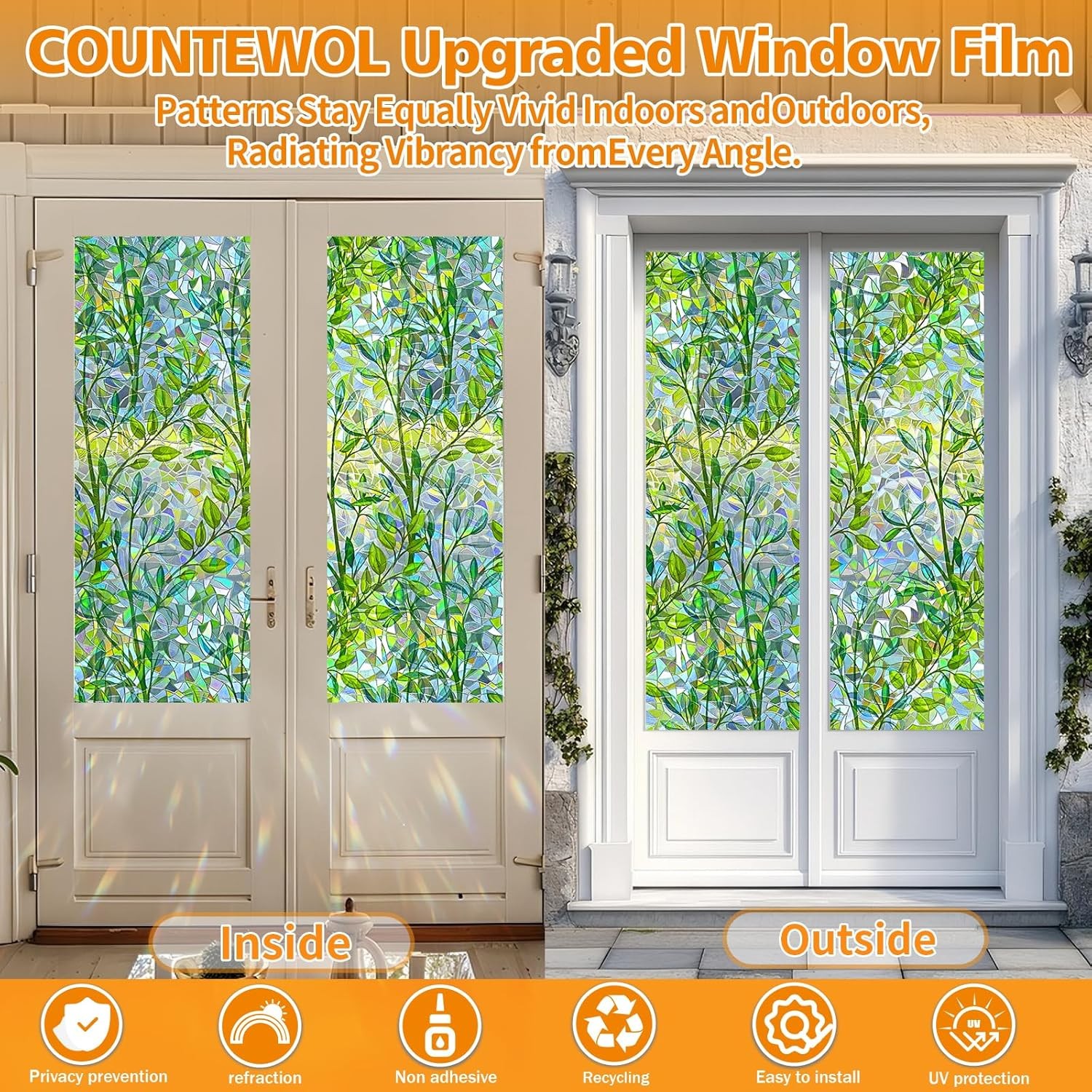 Window Privacy Film Stain Glass 17.5 x 78.7 in, Leaf Rainbow