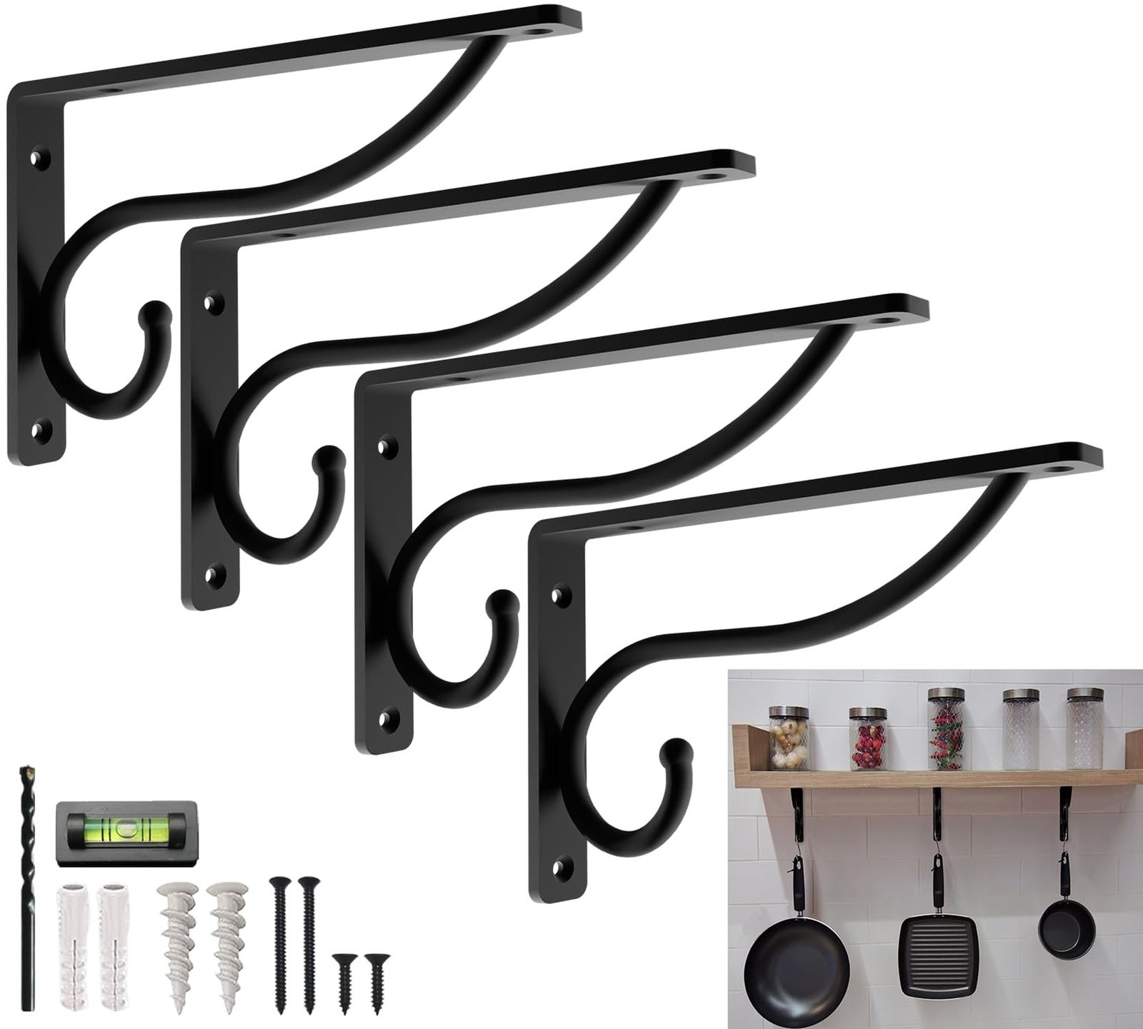 Closet Rod Bracket, 10 Inch Hook Shelf Brackets Heavy Duty Wall Mounted, Blac…