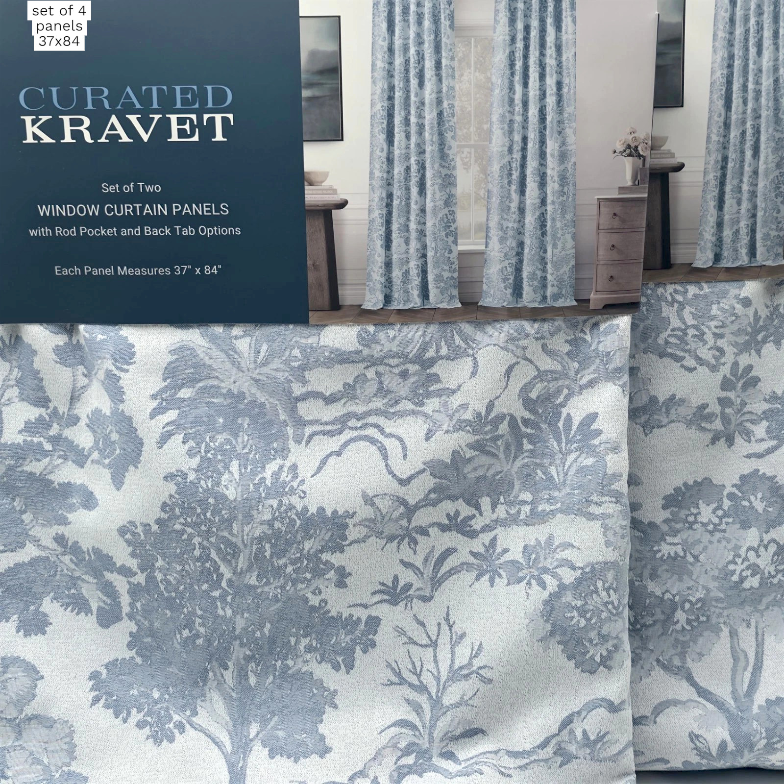 Curated Kravet Set 4 Woodland Forest Curtains 37×84 Blue Cotton Drapes