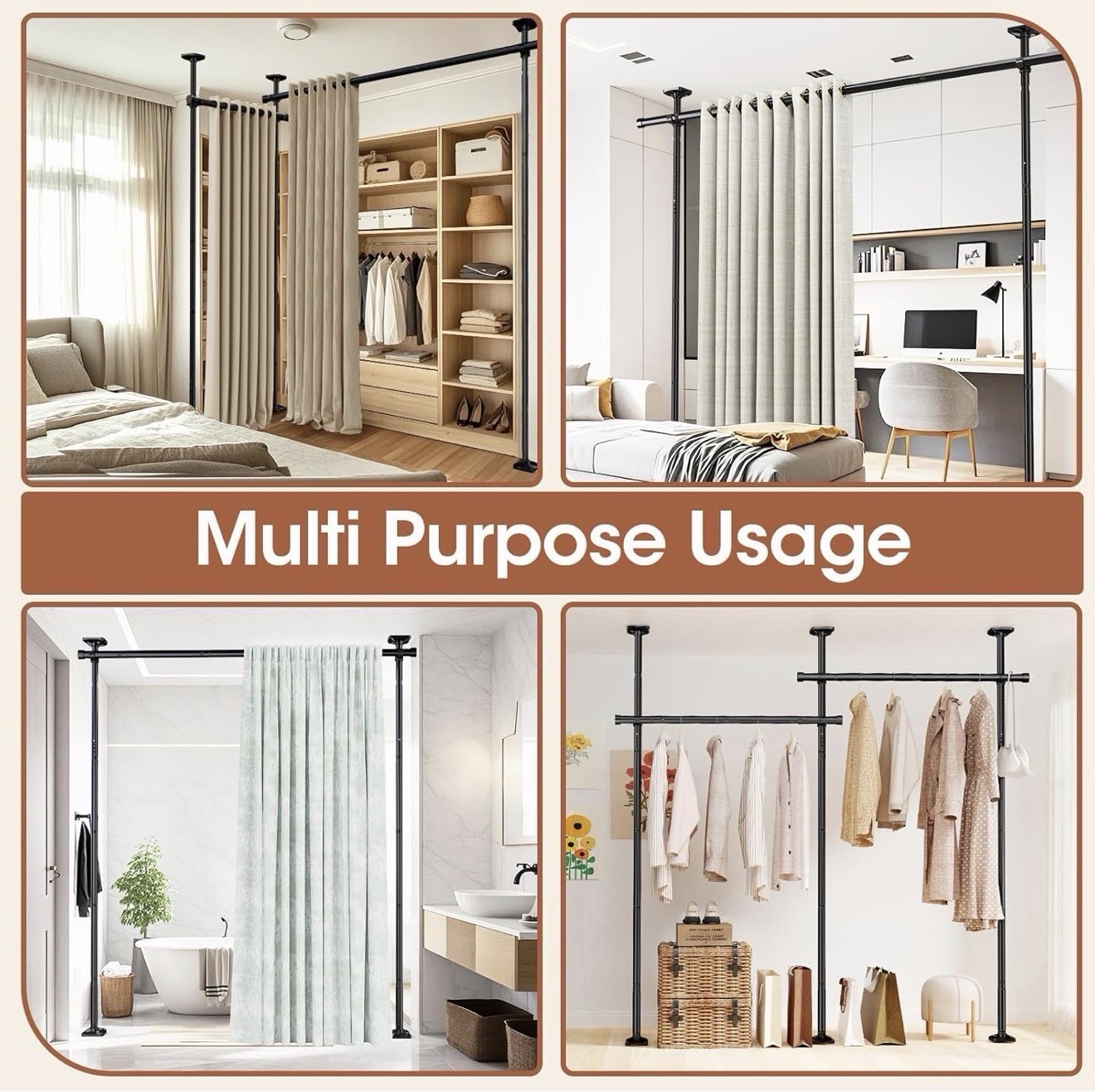 Adjustable Room Divider Curtain Rod Frame 4-10 FT Tall 28-70 In Wide Black