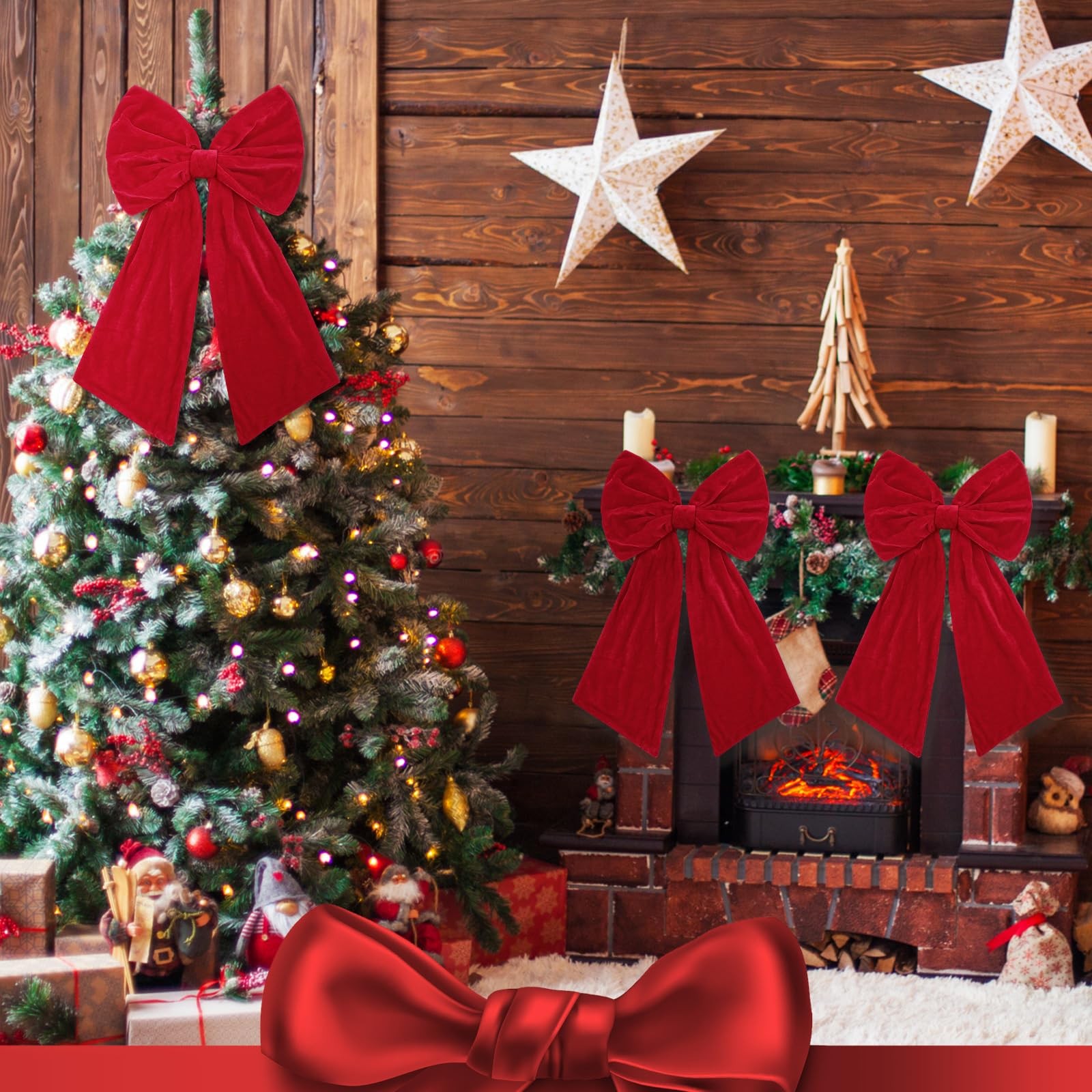 3 PCS Large Red Velvet Christmas Bow Decoration 2 Ft Fireplace Tree Topper