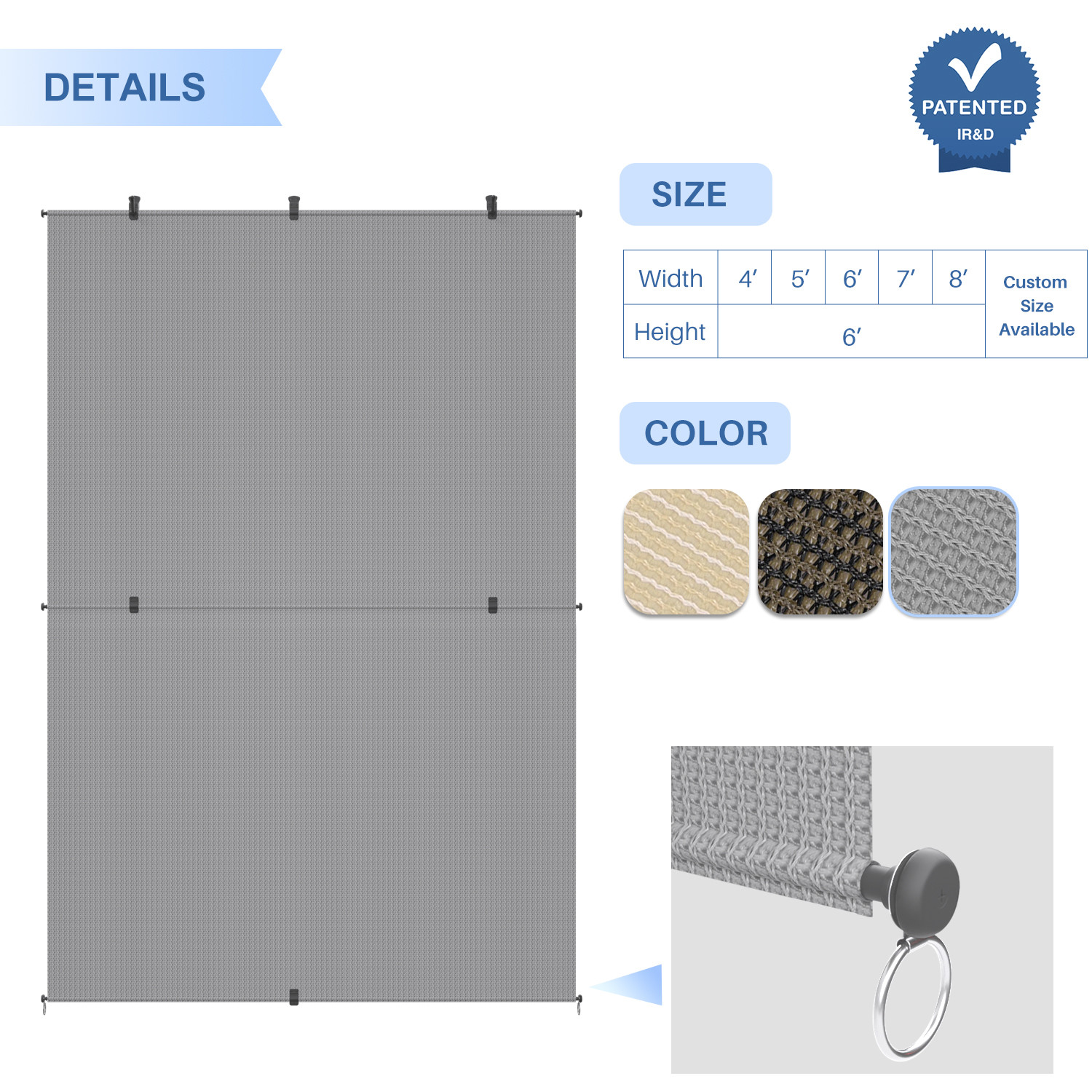 Gray Foldable Shade Cordless Roller Blind Patio Porch Gazebo Office UV Blocking