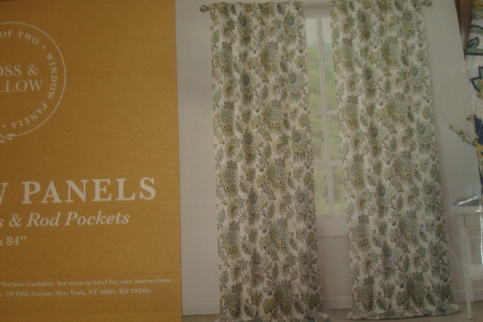NWT Moss & Willow 2 pc Curtain Panels Floral Cotton blend Blue Green 84″ lg