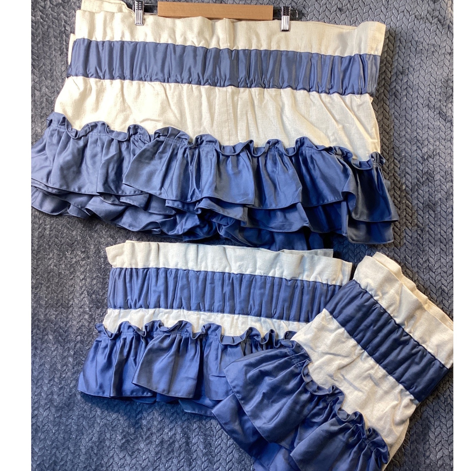 Handmade Ruffled Window Valance Set 6pc Cream Blue Cottagecore Farmhouse Country