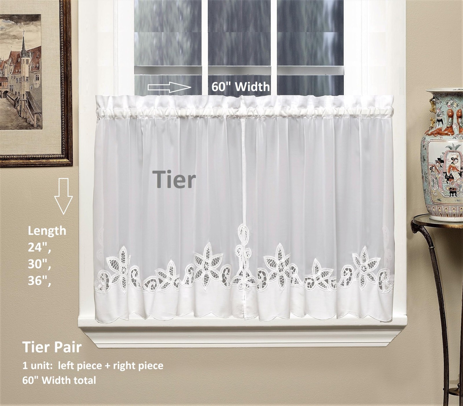 Plymouth Classic Battenburg Applique Sheer Window Tier, 36-Inch, White