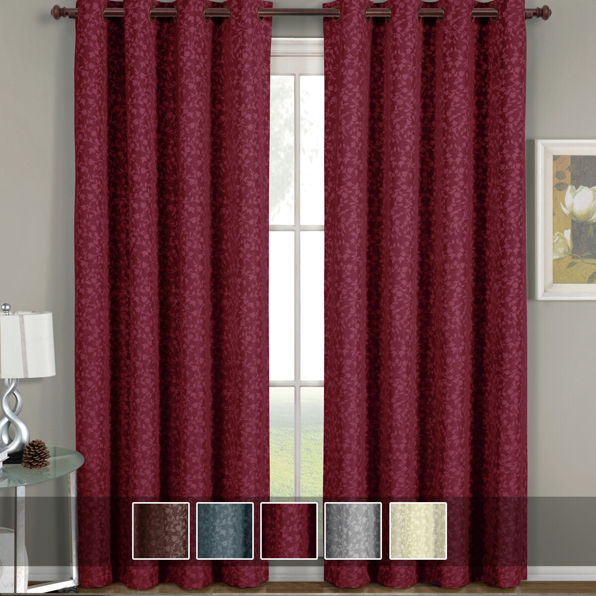 Luxury Fiorela Top Grommet Jacquard Floral Pattern Window Curtain Panel (Single)