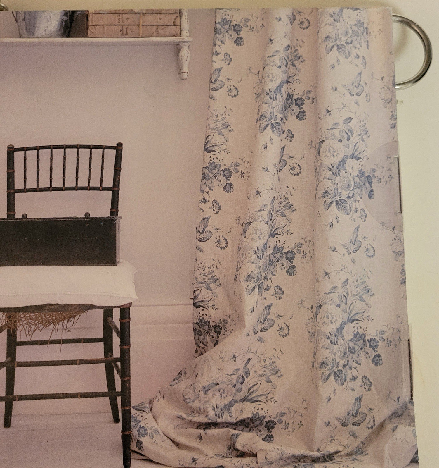 CABBAGES & ROSES Curtain Panel Drapes 50 x 84 Constance Blue Floral Natural 2 PC