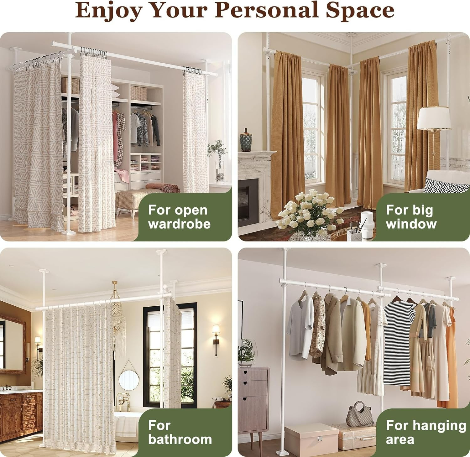 Adjustable Room Divider Curtain Rod – No Drill, Temporary Privacy Wall Separator