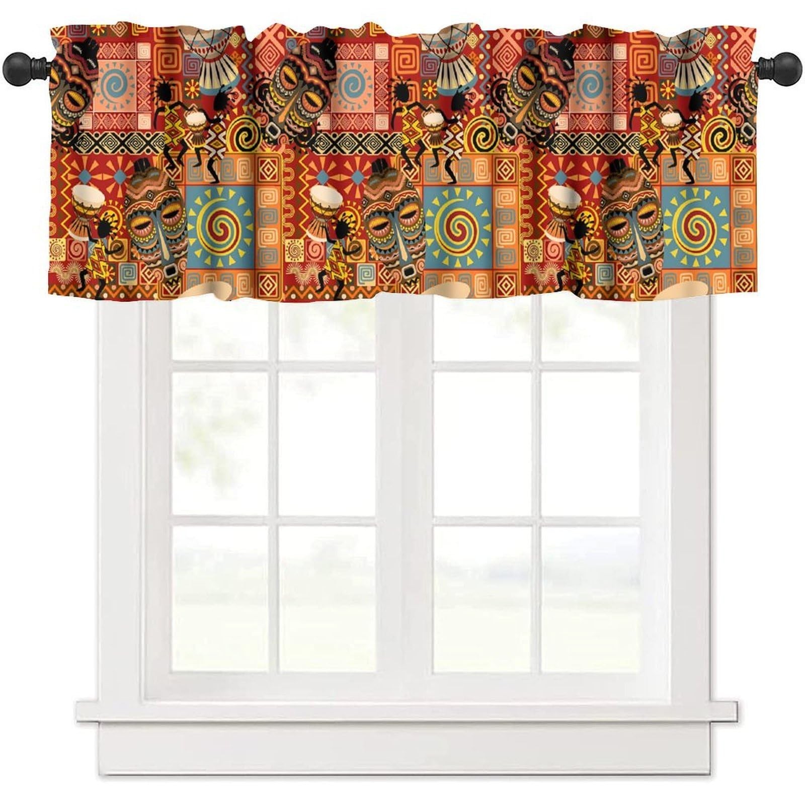 African Valance Curtain, Traditional Tribal Drum Mask Patchwork Ethnic Cultur…