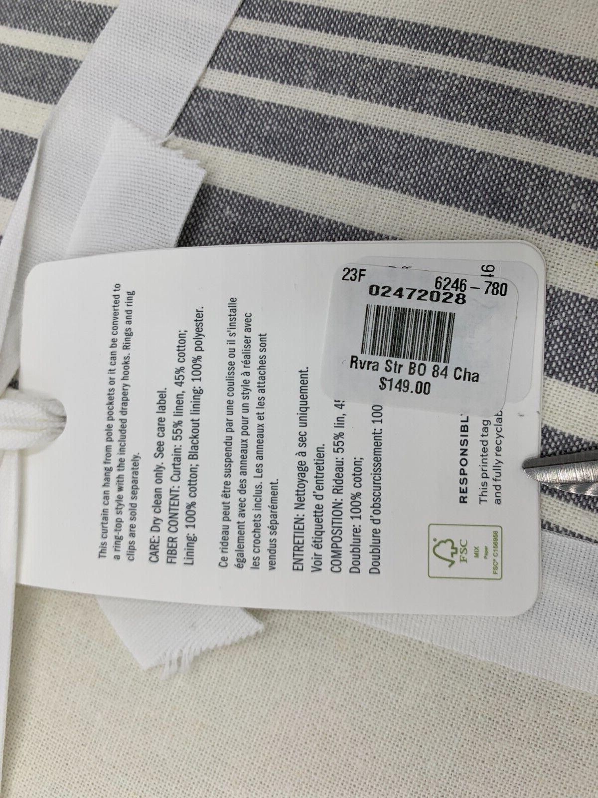 Pottery Barn Riviera Stripe Drape Panel Curtain Blackout Charcoal Gray 84″ Q128