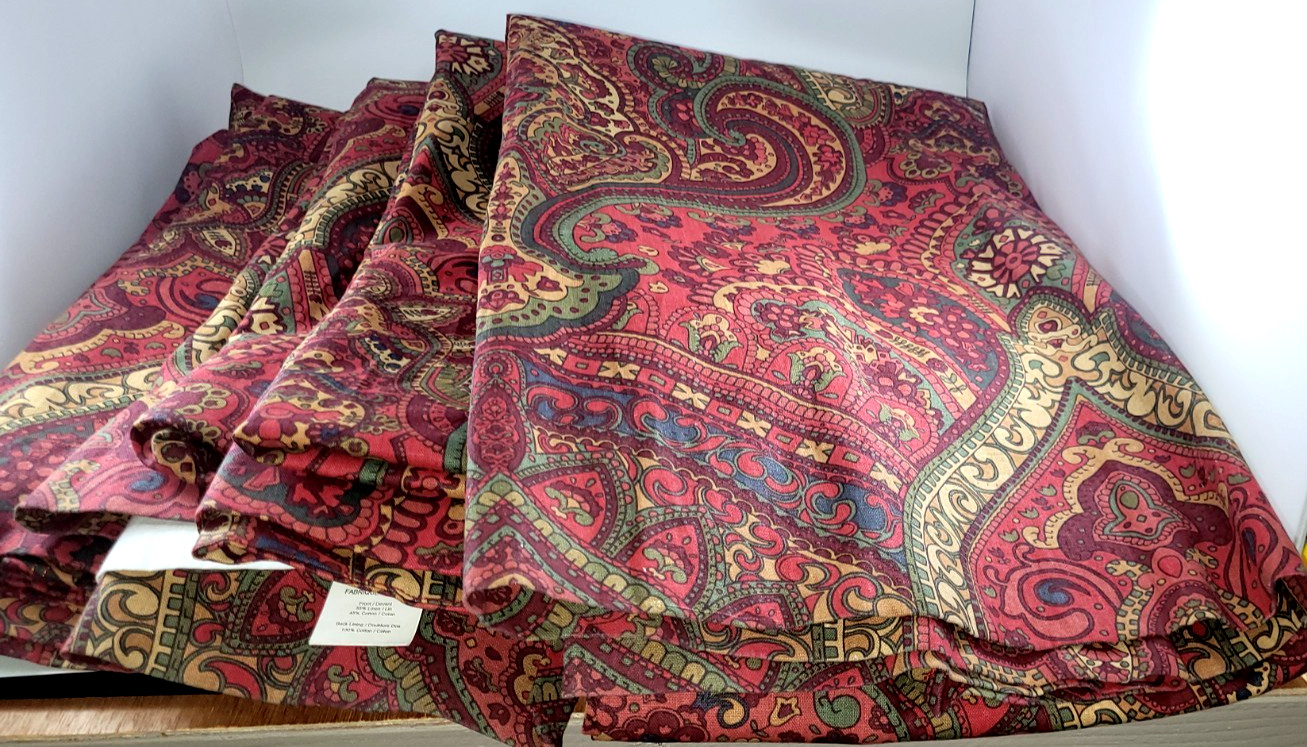 4 POTTERY BARN Panels Curtains Drapes Mira Paisley Red Green Linen Cotton 50×84