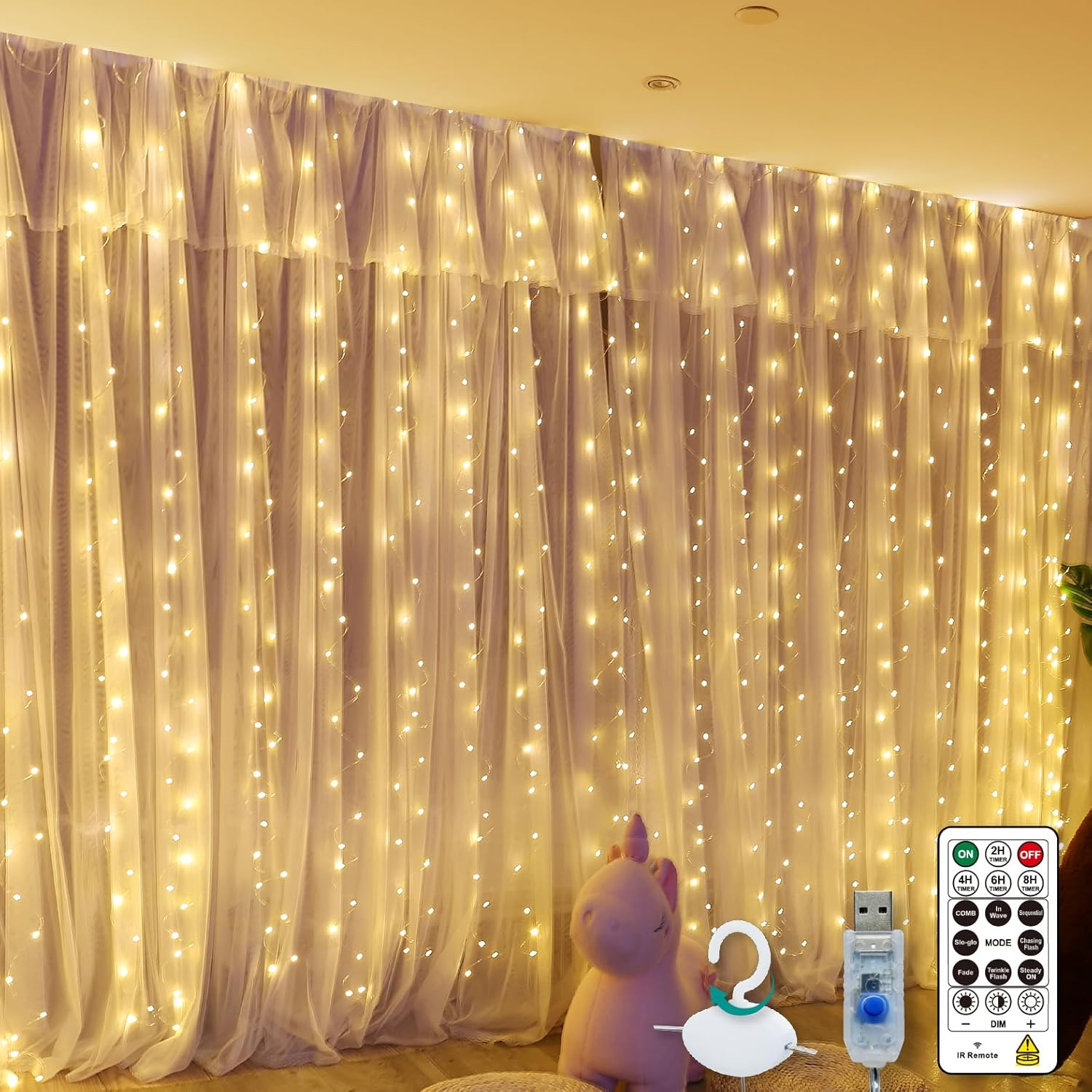 Warm White Curtain Light for Bedroom, 300 LED 9.8Ft X 9.8Ft Window Fairy Curtain