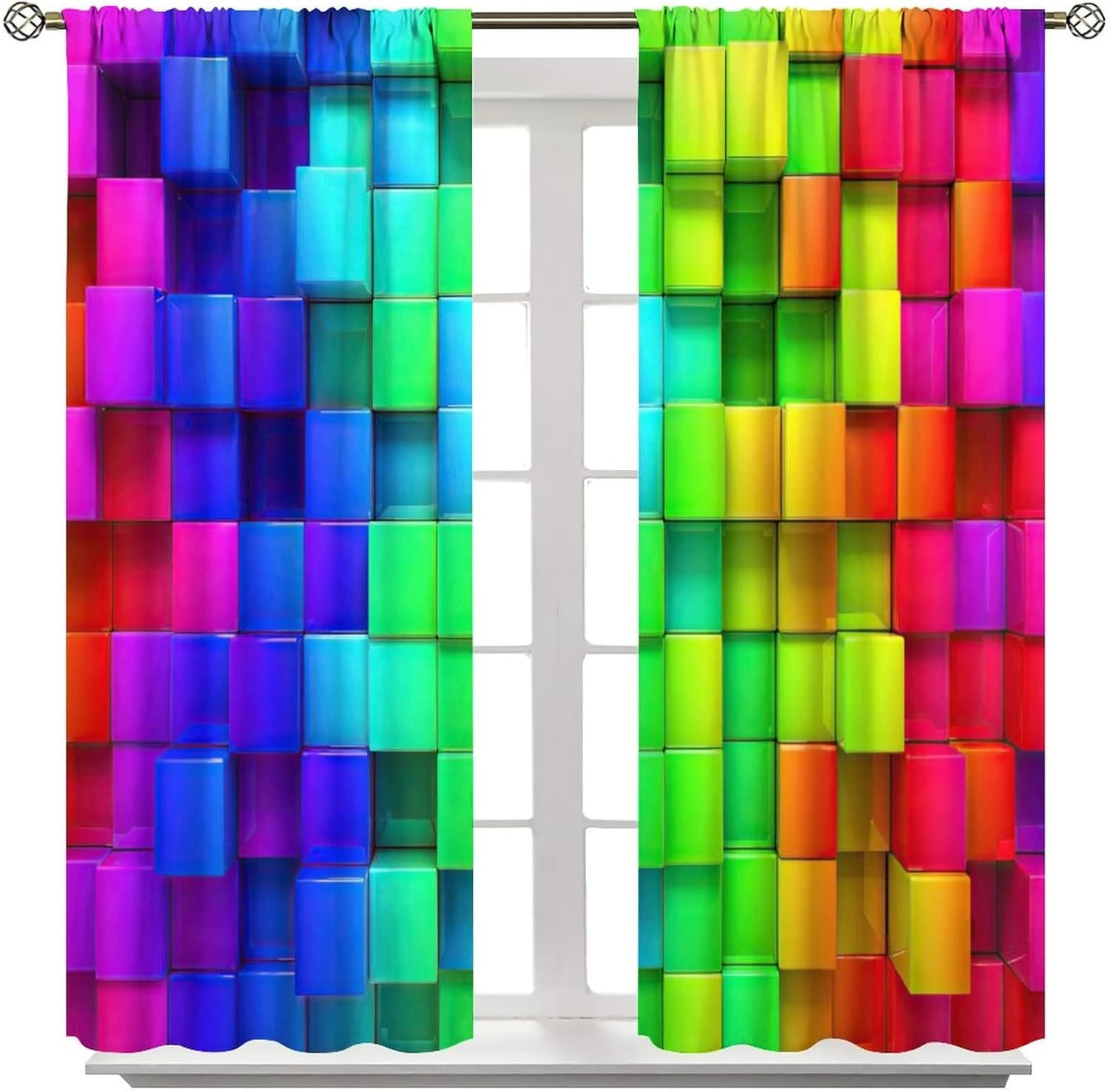 Colorful Brick Wall Blackout Window Curtains, Rainbow Geometric Abstract Neon 3