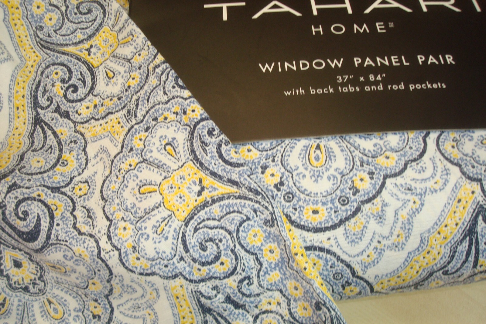 NWT 2 pc Tahari Window Panel Curtains Rod Pocket Paisley Blue Yellow 37″x 84″ lg